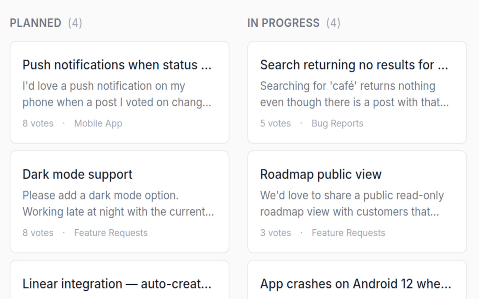 OpenCan public roadmap grouped by status columns