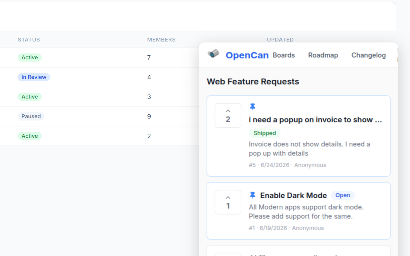 OpenCan in-app widget floating button and feedback panel